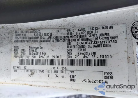 2015 Ford Fiesta S z USA, uszkodzony, nr VIN 3FADP4TJ3FM179753